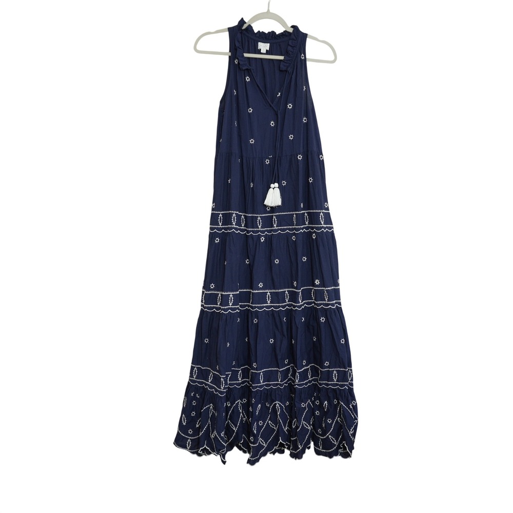 Mud Pie Navy Blue Embroidered Tiered Maxi Dress Sleeveless Cottagecore Cotton